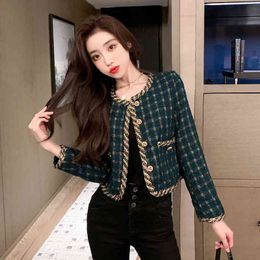 LLZACOOSH Korea Arrive Temperament Retro Grid Short Woollen Jacket Women Autumn Spring Single Breasted Chic Tweed Coat 210514