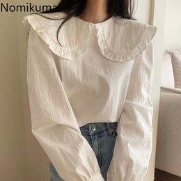 Nomikuma Korea Chic Cotton Linen Blouse Women Sweet Ruffle Peter Pan Collar Tops Causal Lantern Long Sleeve Blusa Mujer 6G729 210427