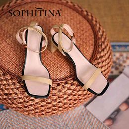 SOPHITINA Women Shoes Sandals Summer Genuine Leather Square Heel Square Toe Dressing Stylish Ankle Buckle Concise FO336 210513