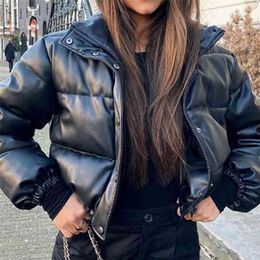 Ailegogo Winter Thick Warm Short Parkas Women Fashion Black PU Leather Coats Ladies Elegant Zipper Cotton Jackets Female Ouwear 210923