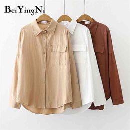 Female Tops Spring Autumn Plain Korean Simple Pockets Work Wear Office Ladies Shirts Loose OL Oversized Blouses White 210506