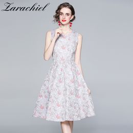 Summer Women's Floral Embroidery Jacquard Dresses Party High Waist Swing Midi Casual Female Sleeveless Tank Dress Vestidos 210416