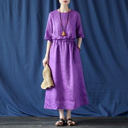 Johnature Women Bandage Dresses Vintage O-Neck Seven Sleeve Autumn Ramie Female Purple Clothes Casual Dresses 210521