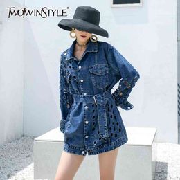 Patchwork Hollow Out Denim Jacket For Women Lapel Long Sleeve High Waist With Sashes Casual Coat Female Fall 210524