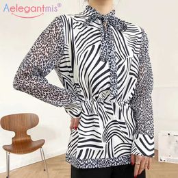 Aelegantmis Vintage Leopard Blouses Shirt Women Casual Slim Long Sleeve Zebra Print s Thin Lace Bow Tops Female 210607