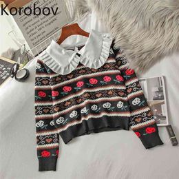 Korobov Korean Sweet Pull Femme Flower Pattern Long Sleeve Knitted Sweater Women Patchwork Vintage Short Pullover Jumpers 2D614 210430