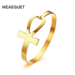 Meaeguet Stainless Steel Ankh Cross Bracelet for Women Key of Life Bangle Bracelet Pulseiras Egypt Religious Jewellery Q0719