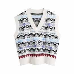 ZA Flower Jacquard Knit Vest Sweater Women V Neck Sleeveless Vintage Pullover Female Chic Fitted Knitted Stripe Top 210602