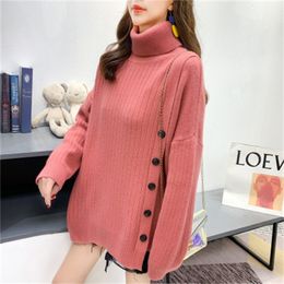 H.SA Women Turtleneck Pullover and Sweaters Soft Winter Thick Jumpers Button Irregular Oversize Warm Knitwear 210417