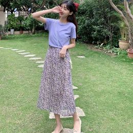 Vintage Purple Floral Print Pleated Long Skirts Summer Women Korean Skirt Style Streetwear Elastic Waist Midi Saia 210421