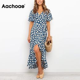 Aachoae Women Boho Floral Print Maxi Dresses V Neck Long Split Beach Wrap Dress Ruffles Short Sleeve Summer Sundress Robes 210413
