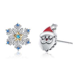 Stud Silver Color Santa Claus Snowflake Earrings For Women Creativity Design Blue Zircon Fashion Jewelry Christmas Gift