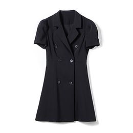 Women Short Sleeve Dress Empire Mini Summer Double Breasted Notch Collar Black Grey D 210514