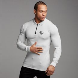 Muscleguys Polo Shirt Mens Long Sleeve Zipper Turn Over Collar Slim Fit Breathable Gym Clothing Bodybuilding Fitness Poloshirt 210421