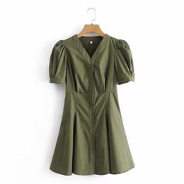 Casual Women Soft Cotton V Neck Dress Summer Fashion Ladies French Vintage Female Solid Colour Personality 210515