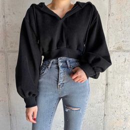 Casual Solid Pullovers Black Cropped Women's Hoodies 2020 Autumn Winter Harajuku Long Sleeve Female Sweatshirt Gothic Jacket Top Y0820