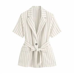 women casual striped long blazer with blet female summer fashion short sleeve single button jacket outwear blazers 210421