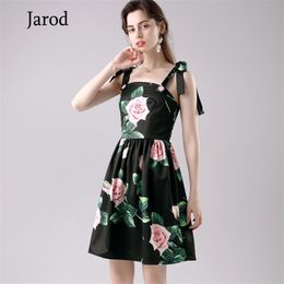 Fashion Runway Designer dress Summer Women's Rose Floral Print Black Bow Spaghetti straps Vacation Mini Dresses 210519