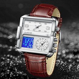 Brand Men Sports Watches 3 Time Zone Big Man Fashion Military LED Watch Leather Quartz Wristwatches Relogio Masculino