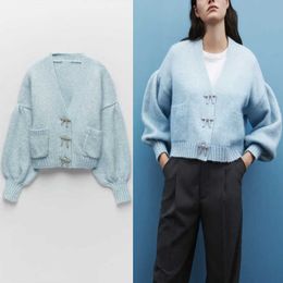 ZA Jewel Bow Button Knit Cardigan Sweater Women Long Balloon Sleeve Patch Pockets Top Female Chic Blue Knitted Outwear 210602