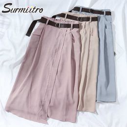 SURMIITRO Spring Summer Women Korean Style Pink Blue Irregular High Waist Mid-Length Midi Skirt Female With Belt 210712