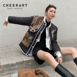 Designer Vintage Puffer Jacket Woman Parkas Black Patchwork Bubble Quilted Coat Puffy Outerwear Winter 210427