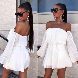 The New WOMEN A-Line Slash neck Flare Sleeve mini Dersses Full Casual Solid Tube top Dersses 210329