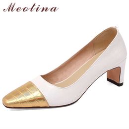 Meotina High Heels Real Leather Chunky Heel Women Shoes Square Toe Pumps Shallow Ladies Footwear Spring White Big Size 40 210608