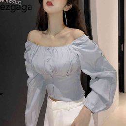 Ezgaga Off Shoulder Blouse Shirts Women Slash Neck Spring Stretch Simple Solid Slim Single Breasted Crop Tops Korean Sexy 210430