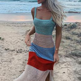 Low Cut Women Dress Beach Cover-ups Crochet Knitted Tunic Bikini Cover up Swim Striped Beachwear Split Long Kaftan