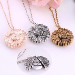 Vintage Letters Youre My Sunshine Engraved Open Locket Sunflower Pendant Necklace for Women Jewelry Gift Silver Gold