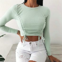 Foridol knitted ruched lace up cropped tops women autumn winter long sleeve green blouse tops casual slim white tops 210415