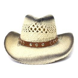 purple sun hat NZ - Cowboy Hats Western Style Summer Straw Hat Handmade Knitting Wide Brim Panama Pink Purple Black Khaki Sun Hat