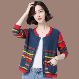 Cardigan Women's Knitwear Spring and Autumn Colour Block Sweater Jacket All-match Shawl Top 210427