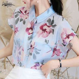 Casual Floral Women Chiffon Tops Summer Fashion Blouses Turn-down Collar Short Sleeve Clothing Blusas 5101 210521