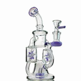 9 Inch Unique Hookahs Double Recycler Glass Bong Propeller Percolater Water Pipes Green Purple Glass Bongs 14mm Female Joint With Bowl Oil Dab Rigs