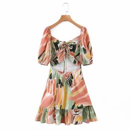 Sweet Girls Chiffon strapless dress Summer Fashion Ladies Lantern sleeve printing Female V Neck Beach wind Mini Dress 210515
