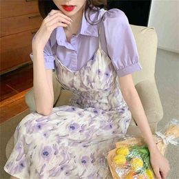 Fashion Two Piece Set Women's Puff Sleeve Lapel Shirt Tops + Sexy Sling Chiffon Flowers Dress Outfits Female 210519