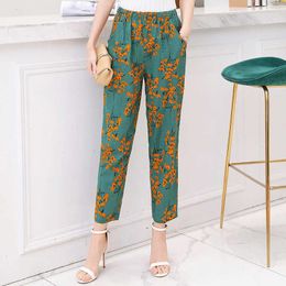 2021 Summer Women Pants Korean Cotton Linen Elastic Waist Plaid Pants Casual Straight High Waist Pants Trousers Q0801