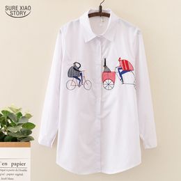 Korean Style Long Sleeve White Women Shirt Summer Cotton Casual Loose Embroidery Turn up Collar Female Blouse 5085 50 210417