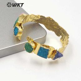 Wt-b515 Wkt Natural Stone Bangle Geometry Druzy Quartz Bangle Gold Electroplated Adjustable Women Fashion Bracelet Jewellery Q0720