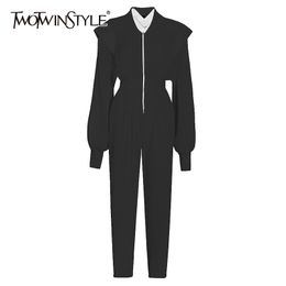 Casual Patchwork Zipper Jumpsuit For Women V Neck Long Sleeve High Waist Black Jumpsuits Female Clothes Fashion 210521