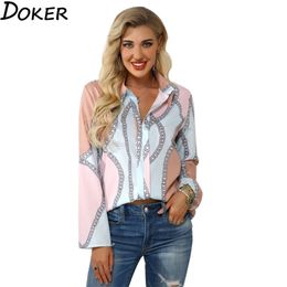 Design Women Office Blouse Turn Down Collar Long Sleeve Plus Size Clothes Chain Print Shirt Womens Tops And Blouses 210719