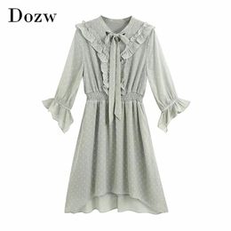 Women Dot Embroidery Ruffles Dresses Summer Butterfly Sleeve Party Mini Bow Tie Collar Elegant Casual 210515
