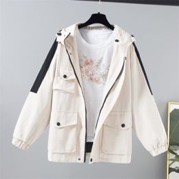 Autumn Cool Jacket Women Loose Hooded Letter Print Short Jackets Female Patchwork Colour Harajuku Casual Outwear Windbreaker 210525