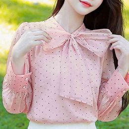 Autumn Long Sleeve Bow Collar Dot Chiffon Blouse Shirt Tops Blouse Women Blusas Mujer De Moda Women Blouses Top Female D535 210602