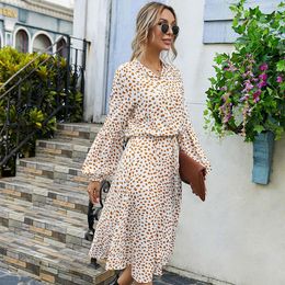 Casual Dresses 2021 Ladies Spring Autumn Winter Simple Dot Print Dress Women Fashion Lace Up Button Stand Collar Full Sleeve Female