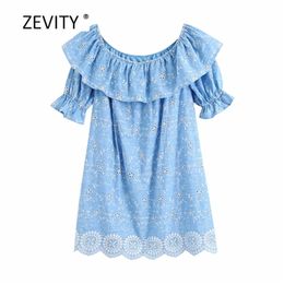 Women sexy slash neck hollow out embroidery ruffles mini dress Ladies short sleeve pantskirts Chic casual Dresses DS4031 210420