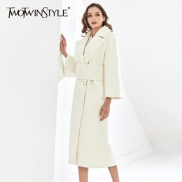 TWOTWINSTYLE Woolen Cloth Coat For Women Lapel Collar Long Sleeve High Waist Slim Office Lady Windbreaker Female Winter 210517