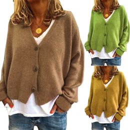 Женщины Cardigan с длинным рукавом V шеи свитера женская кнопка вязание пальто осень зима женские топы кардиганы 15 цветов 050814